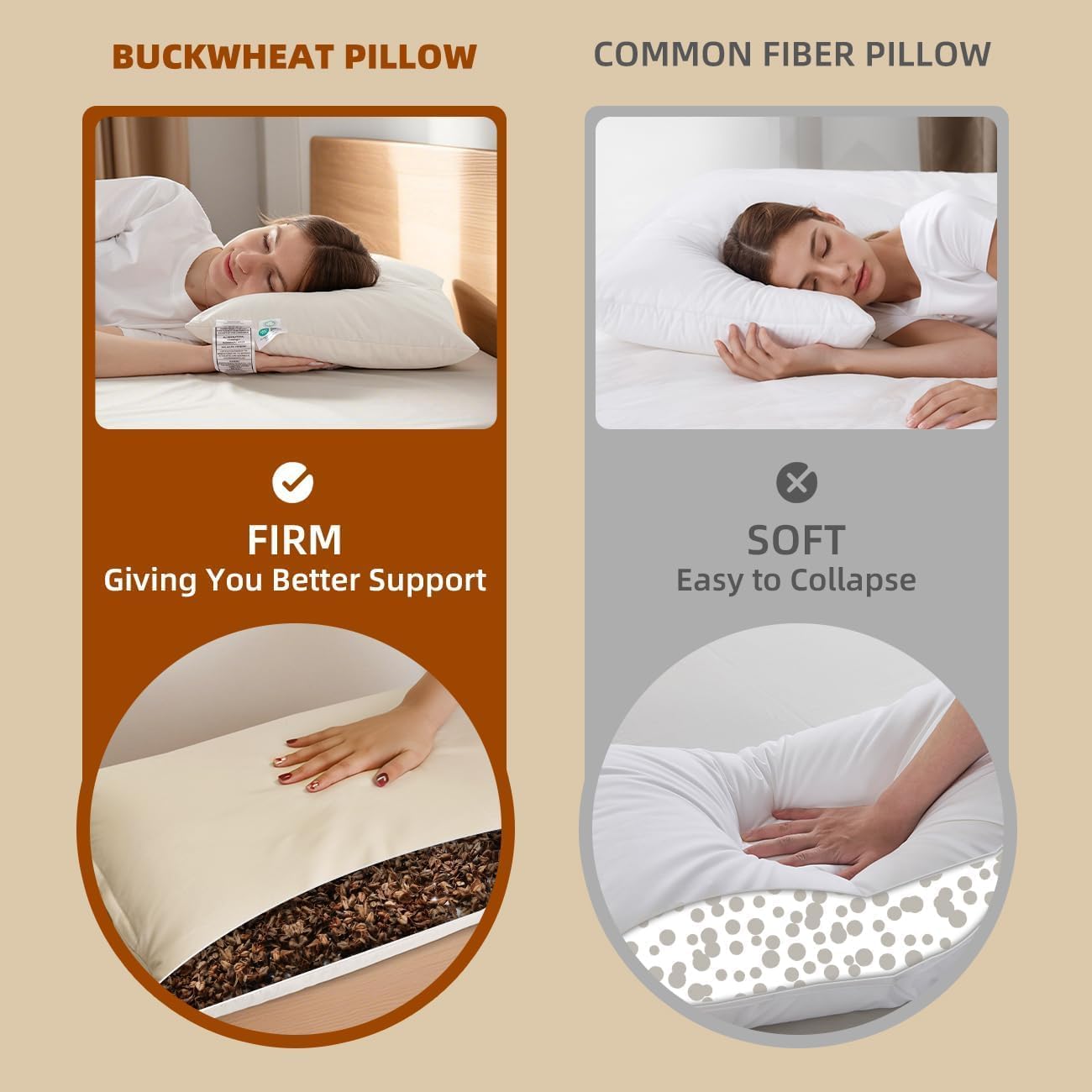 Organic Buckwheat Pillow for Sleeping with Organic Cotton Pillowcase