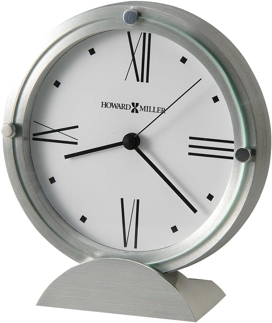 Howard Miller Simon II Tabletop Clock – Brushed Aluminum Finish, White Dial, Roman Numerals, Flat Glass Crystal, Interior Light