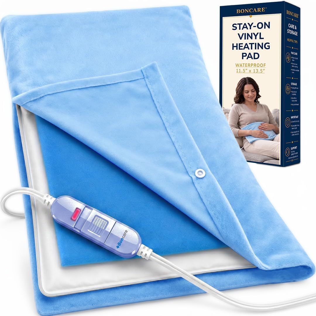 Boncare® Stay-On Small Vinyl Electric Heating Pad for Neck and Shoulders and Back Without Auto-Off, Low & High Heat Levels, Waterproof Hot Heat Pad with Washable Cover (12"x15", 1-Pack)