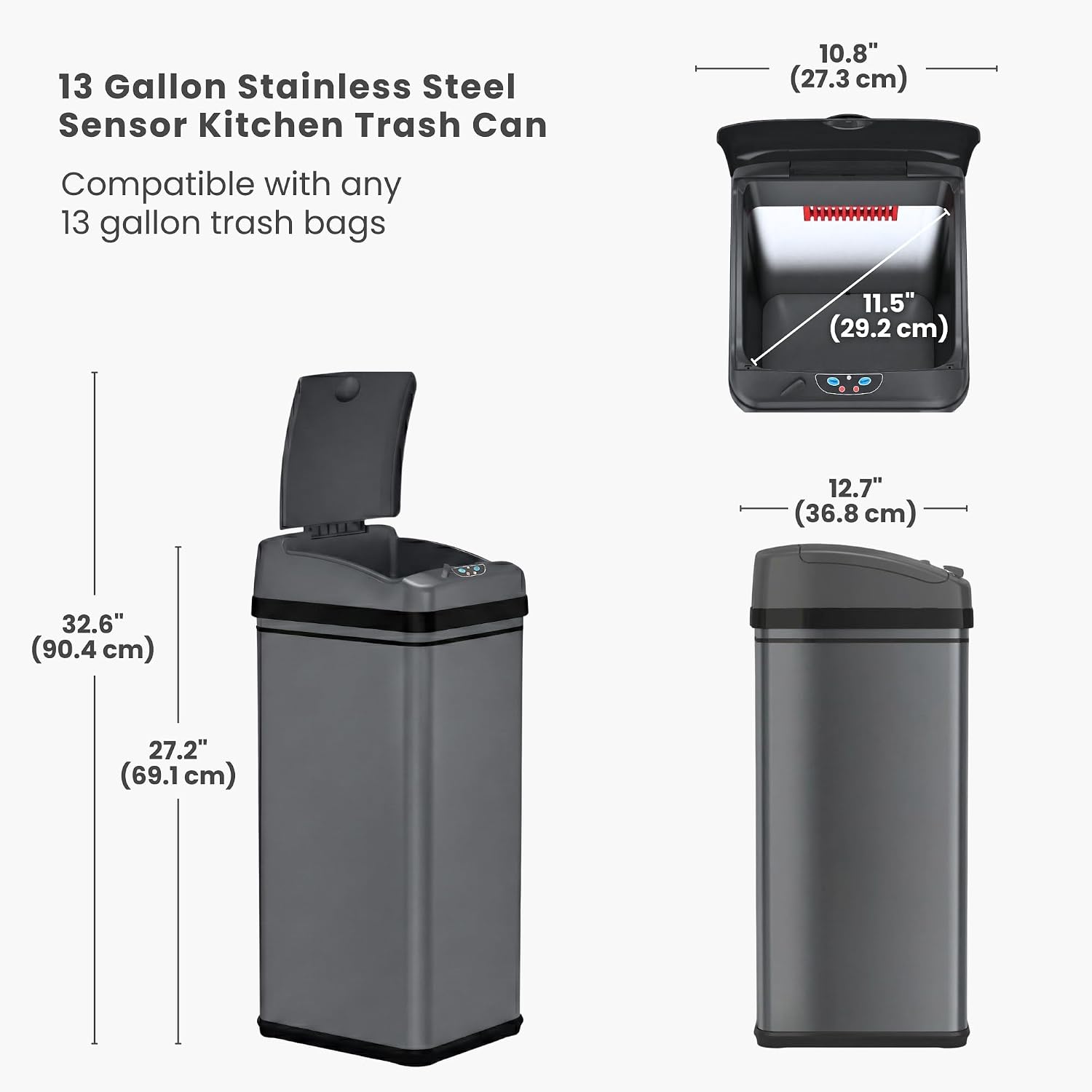 iTouchless 50 Liter / 13 Gallon Kitchen Trash Can with Lid & Deodorizer – Motion Sensor Semi-Round Stainless Steel Garbage Bin for Home, Office, or Garage – Slim, Wide Opening Large Capacity Design