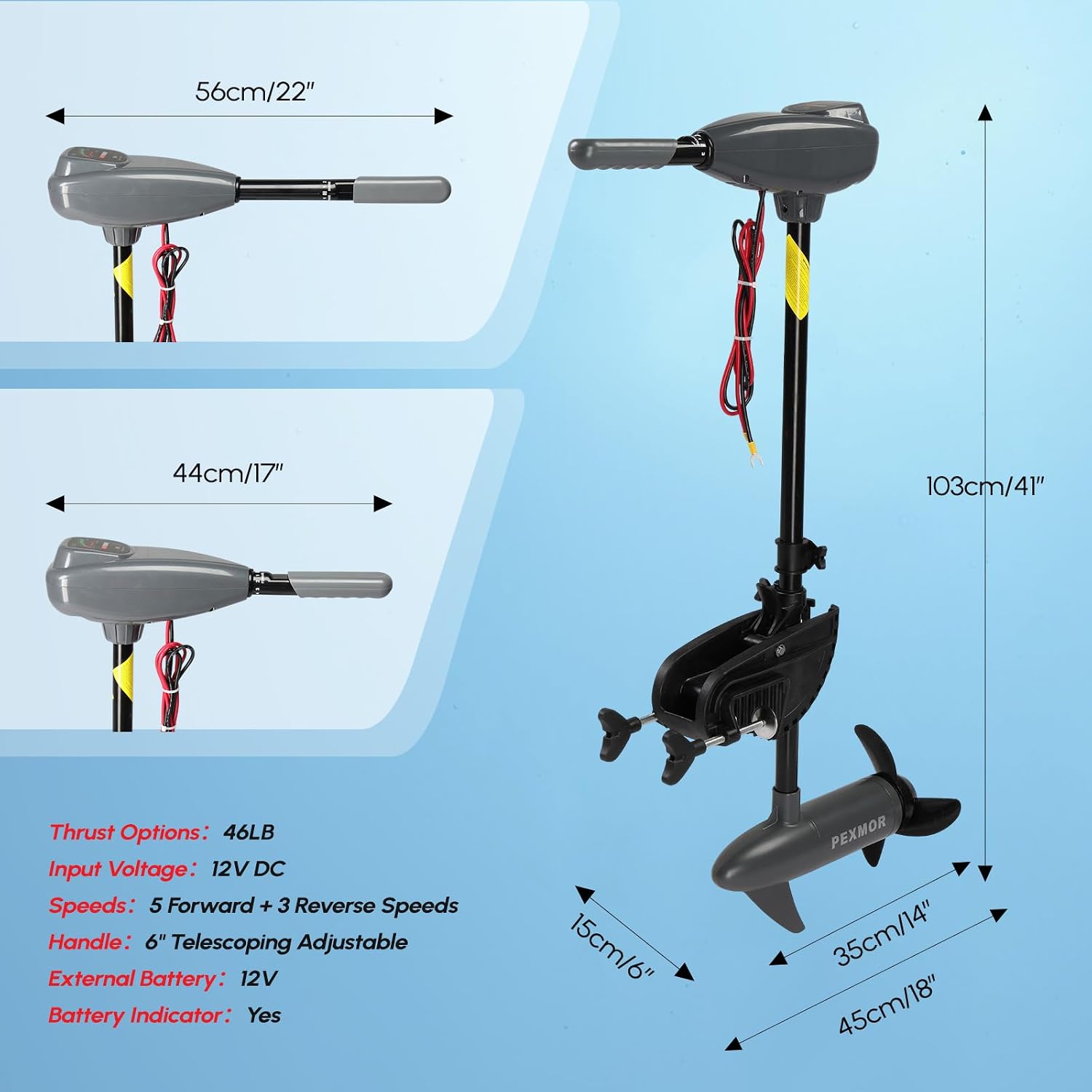 PEXMOR 8 Speed Electric Trolling Motor, Electric Outboard Boat Motor w/Adjustable Handle & LED Indicator, Transom Mounted for Saltwater, Kayak