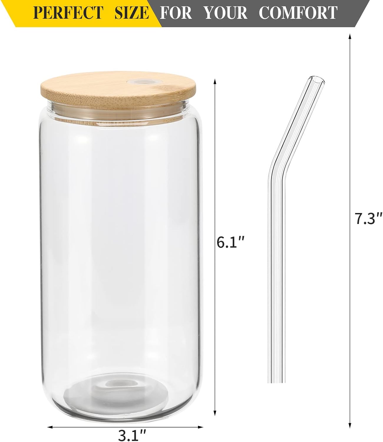 YOUKE OLA 20 Pack Glass Cups with Bamboo Lids and Glass Straw 16oz Beer Can Shaped Drinking Glasses Cups, Glass Tumbler Reusable Cute Cups for Whiskey