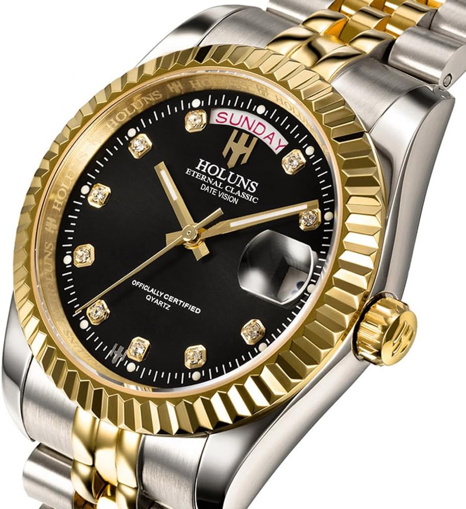 41MM Men's Gold Plated Stainless Steel Waterproof Quartz Watch Luxury Wristwatch with Date Week Display
