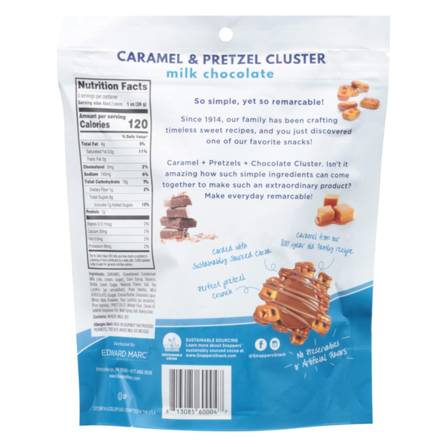 Edward Marc Snappers Sweet Caramel & Pretzels Cluster - Crunchy Pretzel Snack With Milk Chocolate For Adults And Kids - 6 oz (pack of 1)