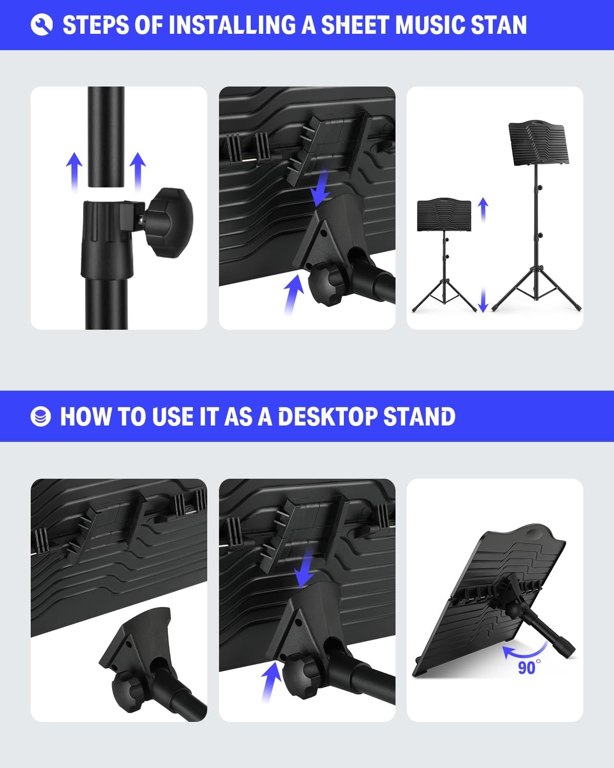 Donner DMS-1 Sheet Music Stand with Light & Carrying Bag | Portable Metal Music Stand, Tabletop Music Book Stand for Guitar, Ukulele, Violin Players