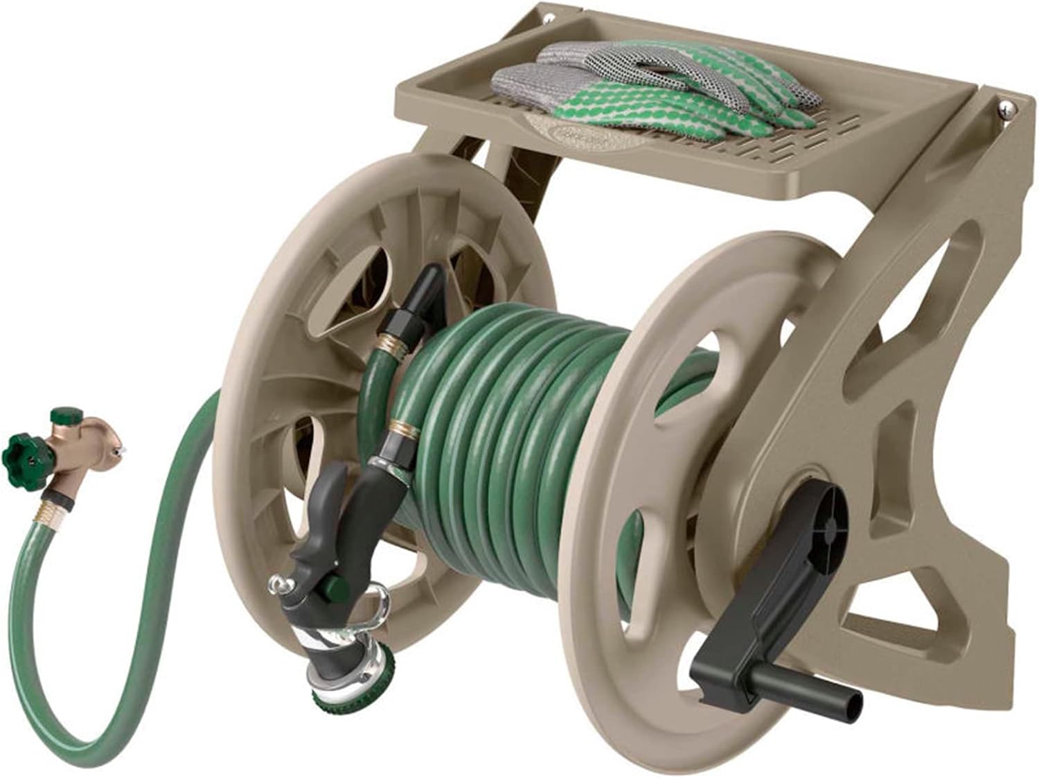 Suncast Slide Trak Garden Hose Reel, Wall-Mount Holder with Storage Tray, Dark Taupe - Outdoor Mounted Organizer for 175 Ft of 5/8" Standard Vinyl Water Hoses in Lawn and Yard