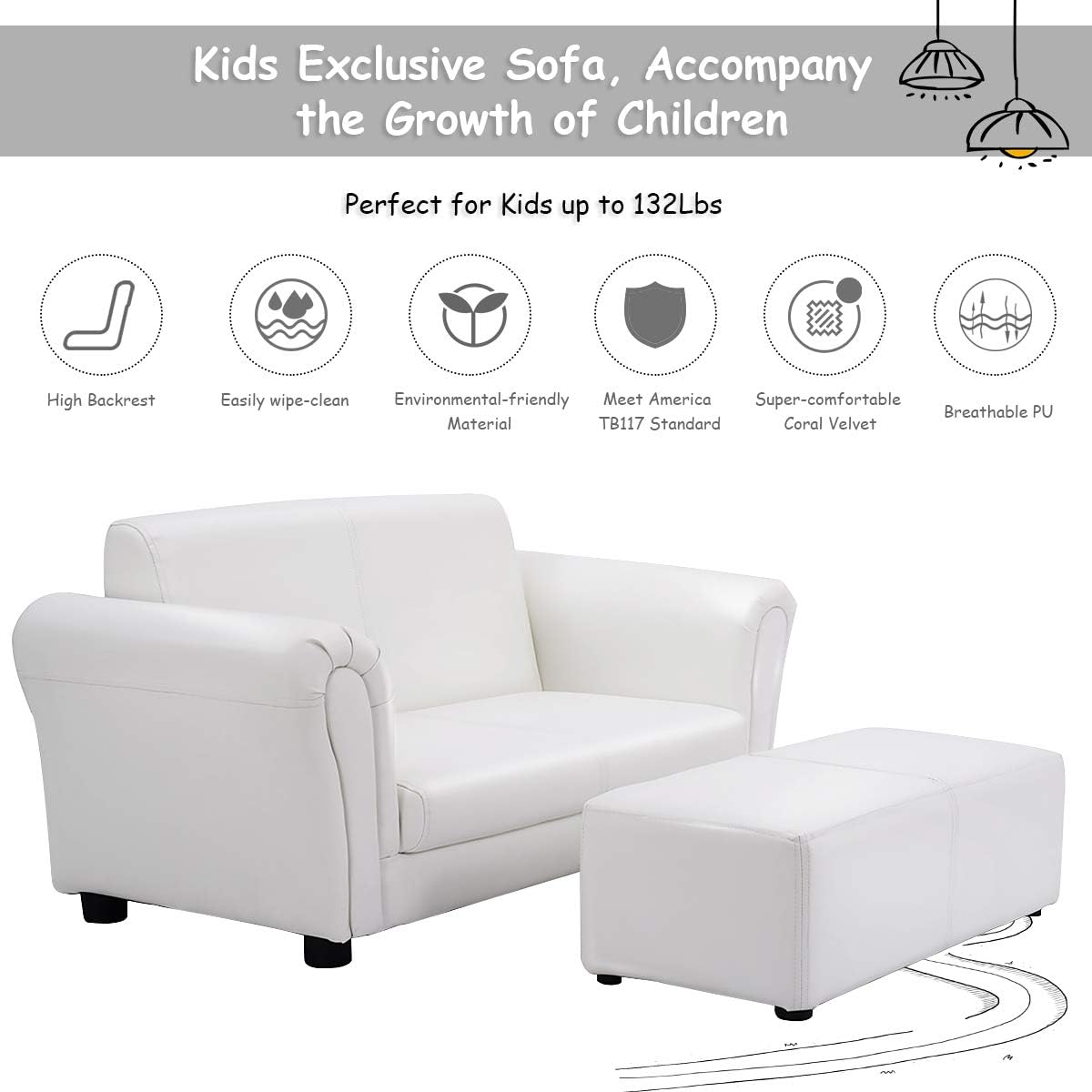 Costzon Kids Couch with Footstool, 2 in 1 Double Seat Children's Sofa w/PU Leather Surface, Armrest Chair Lounge, Soft Kids Sofa for Preschool Bedroom Kids Room Toddlers Boys Girls Birthday (Black)