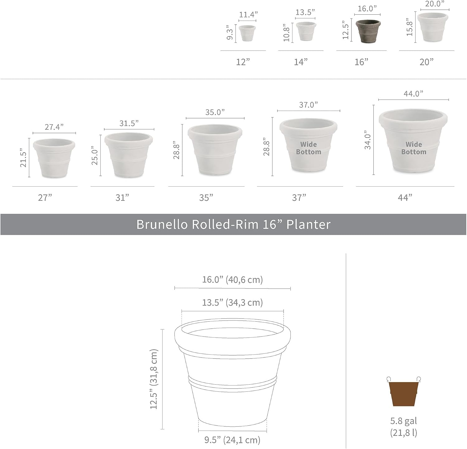 Crescent Garden Brunello Classic Gray Rolled Rim Planter Pot, Lightweight Indoor/Outdoor Weather-Safe Round Plant Pot, 27''W (Weathered Concrete)
