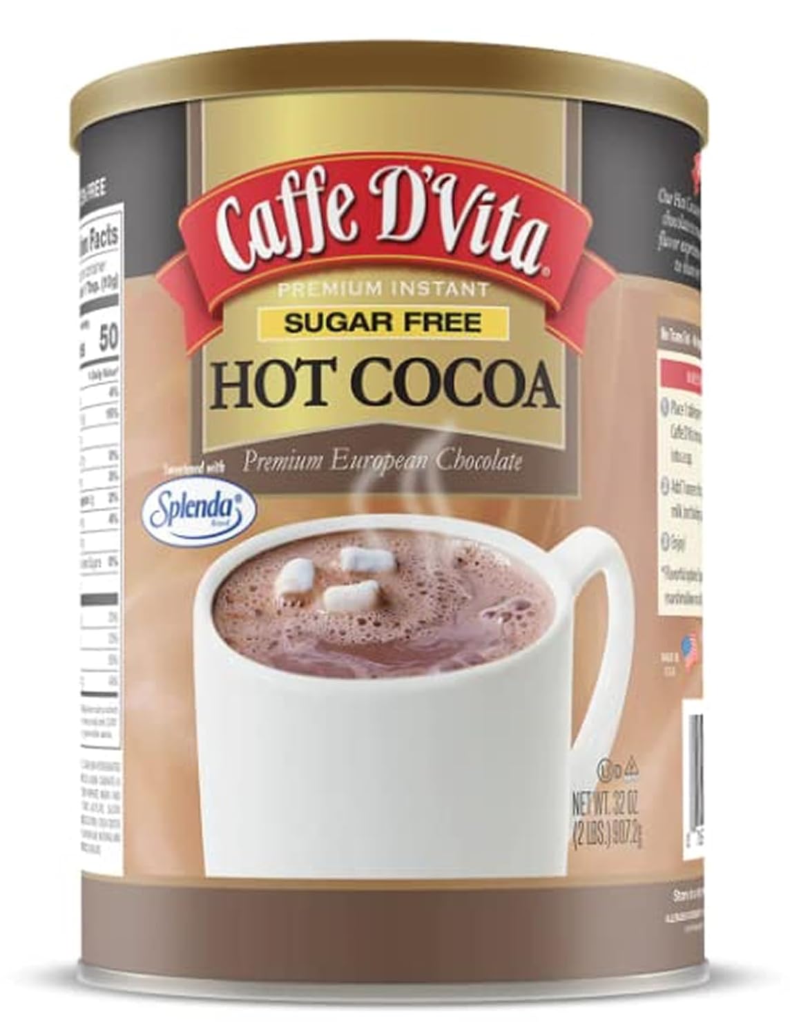 Caffe D'Vita Sugar Free Hot Cocoa Mix, Gluten Free - 10 Oz Can | Hot Chocolate Mix, Low Fat, No Cholesterol, No Hydrogenated Oils or Trans Fat, Kosher, Cocoa Bulk