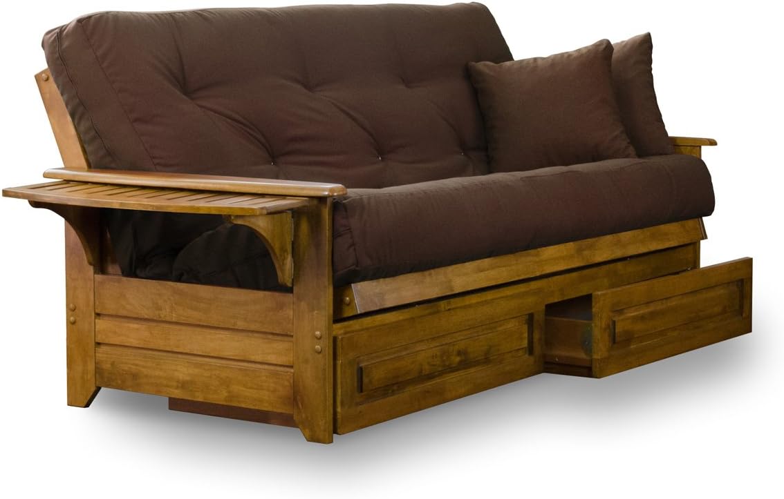 Brentwood Tray Arm Futon Frame, Drawers, and Khaki Mattress Set - Queen, Rich Heritage Finish