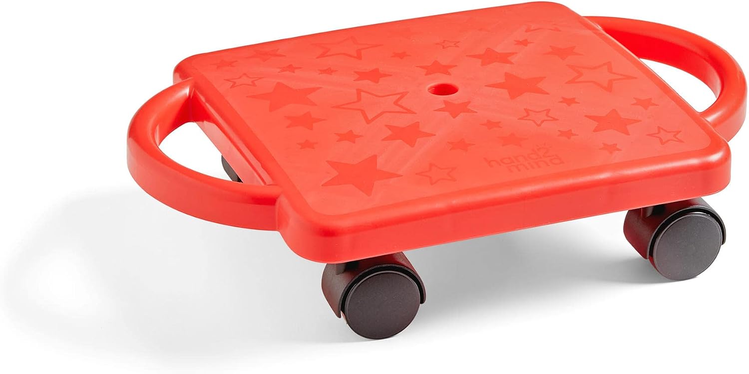 hand2mind Red Indoor Scooter Board with Handles, Sit Down Floor Scooter, Gym Activities for Kids, Indoor Sport Recess Games