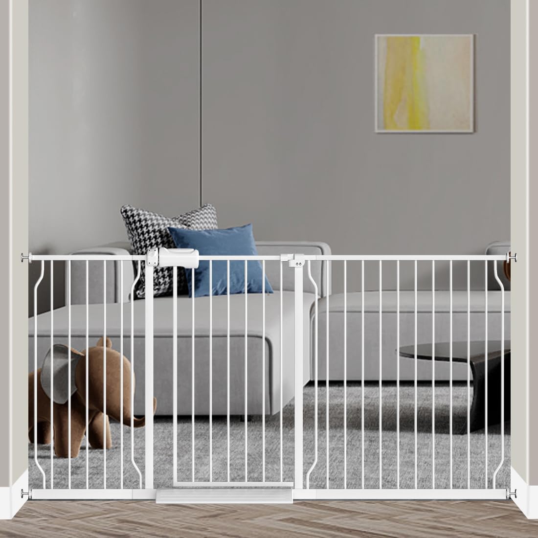 Fairy Baby Extra Wide Baby Gate for Doorways Auto Close Safety Gates for Bedroom, Fits 57.5 Inch to 62 Inch with Pressure Mounted Extention Kit, White | Pressure Mounted No Drill Pet Gate with Door, Heavy Duty Walk-Through Gate for Toddlers, Kids, Dogs,…