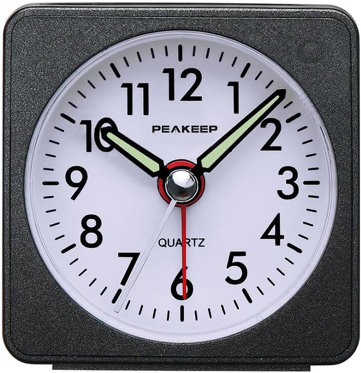 Peakeep Ultra Small, Battery Travel Alarm Clock with Snooze and Light | Silent No Ticking Analog Quartz Clock (Aquamarine)