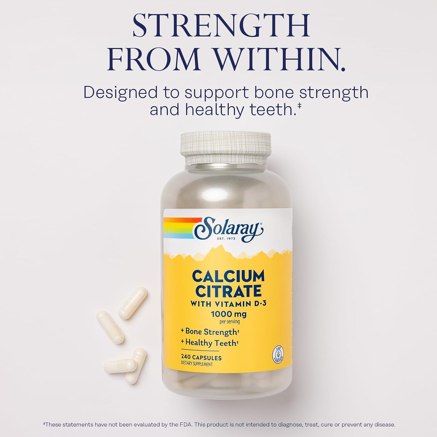 SOLARAY Calcium Citrate with Vitamin D3 1000 mg, 240 Capsules | Bone, Teeth, Muscle & Nerve Support - Gentle Digestion Formula - 60 Servings - Lab Verified