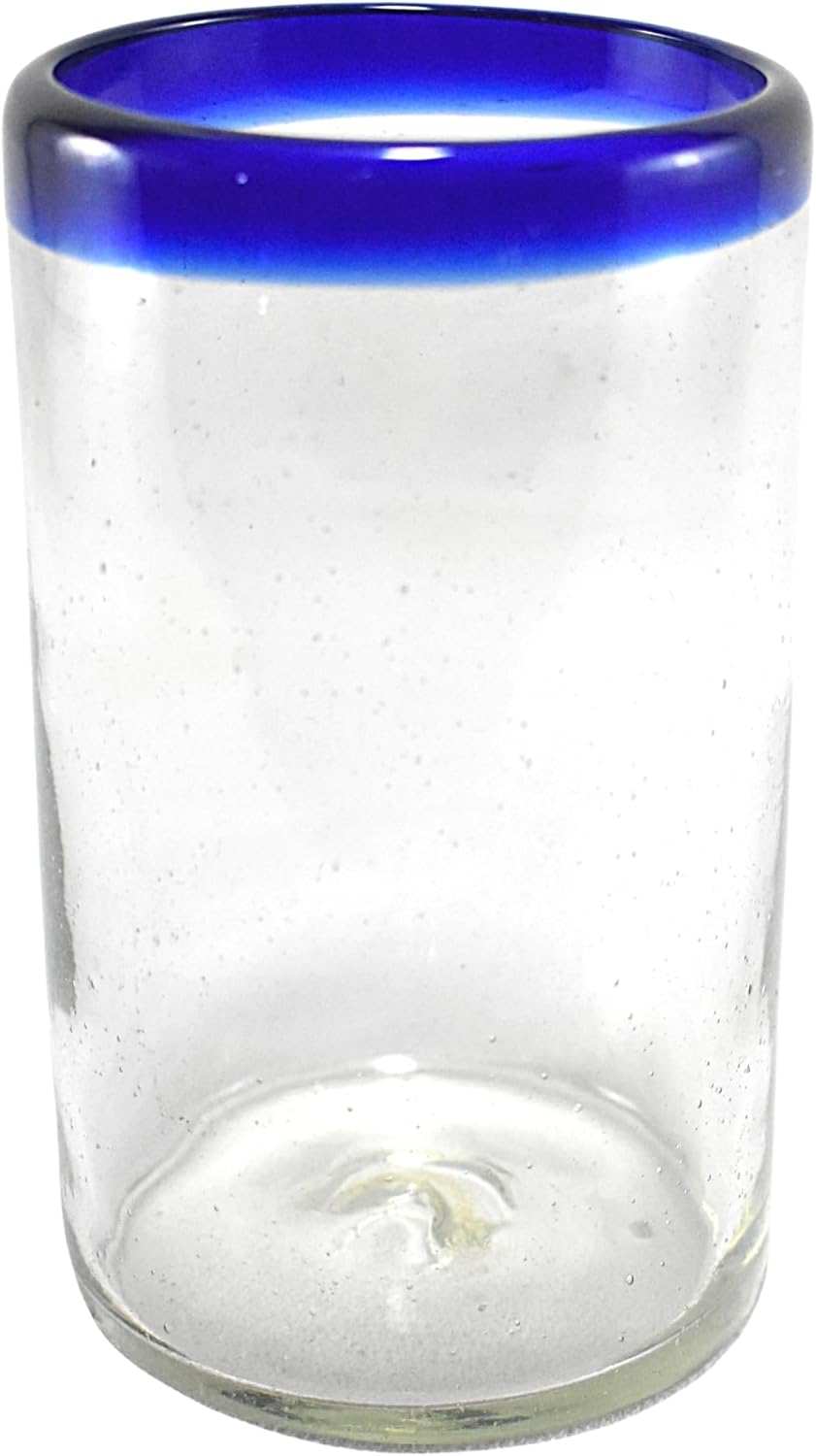 MAREY Hand Blown Drinking Glasses Artisan Crafted from Mexico Set of 6 pieces (Cobalt Blue Rim, Water 16 Oz.)