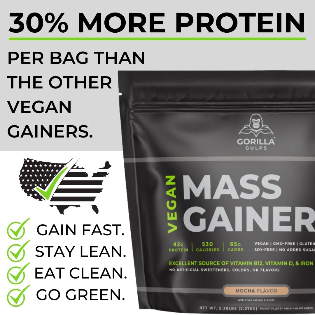Gorilla Gulps – Mocha Vegan Mass Gainer – 5 lb Natural High Calorie Protein Powder – GMO, Gluten, Dairy