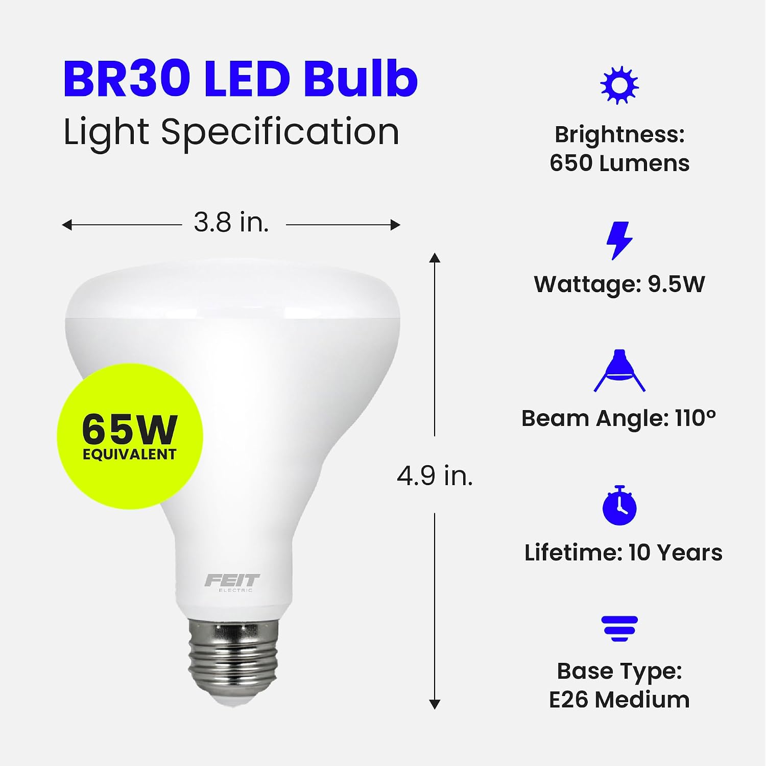 Feit Electric BR30 LED Light Bulbs, 65W Eq, Soft White, 3 Pack