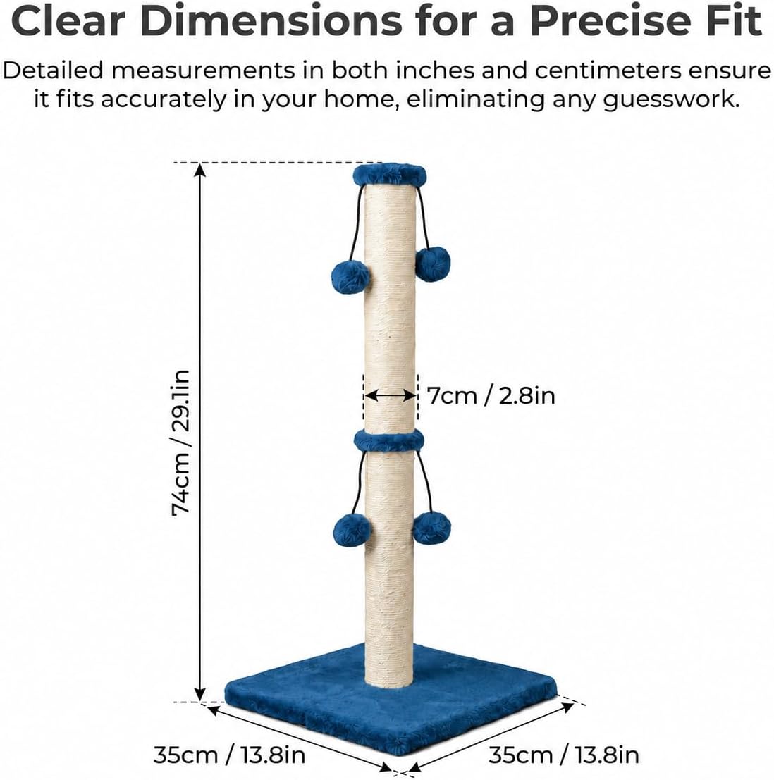 Dimaka 29'' Cat Scratching Post, Natural Sisal Rope Scratcher Post, Kitten Claw Scratch with 4 DanglingToy Balls for Large Cats (Grey)