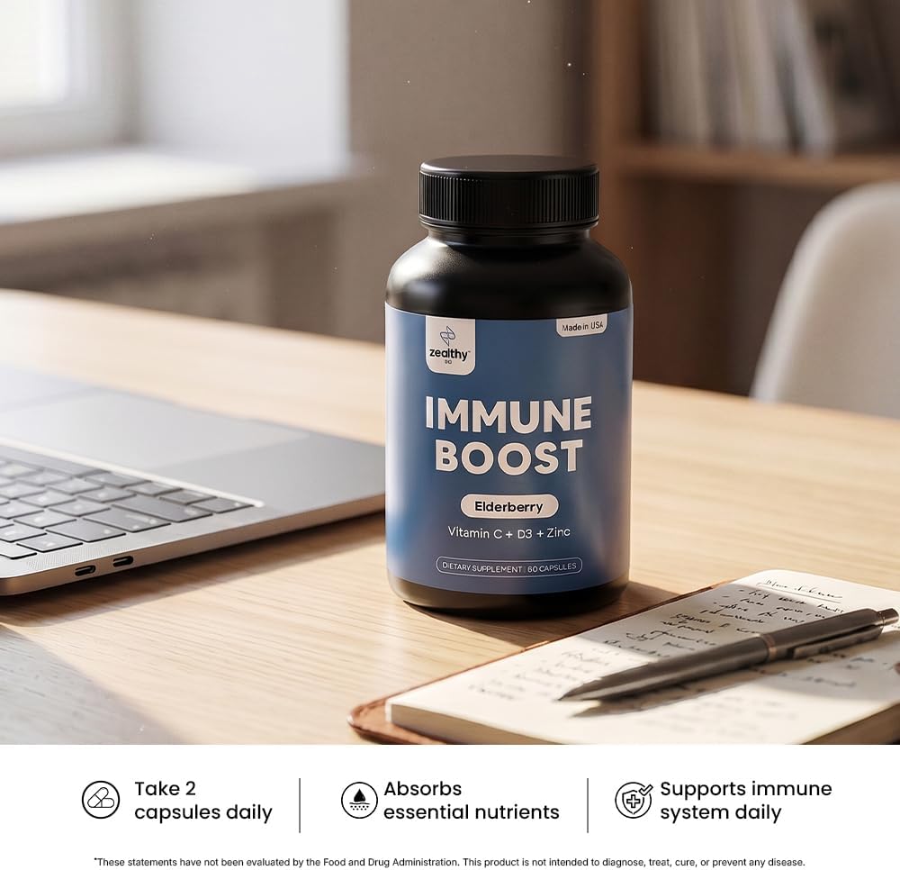 Immune Support Capsules for Adults with Elderberry, Vitamin C, Vitamin D3 & Zinc – Daily Immune Defense Supplement | Zealthy Life | 60 Capsules