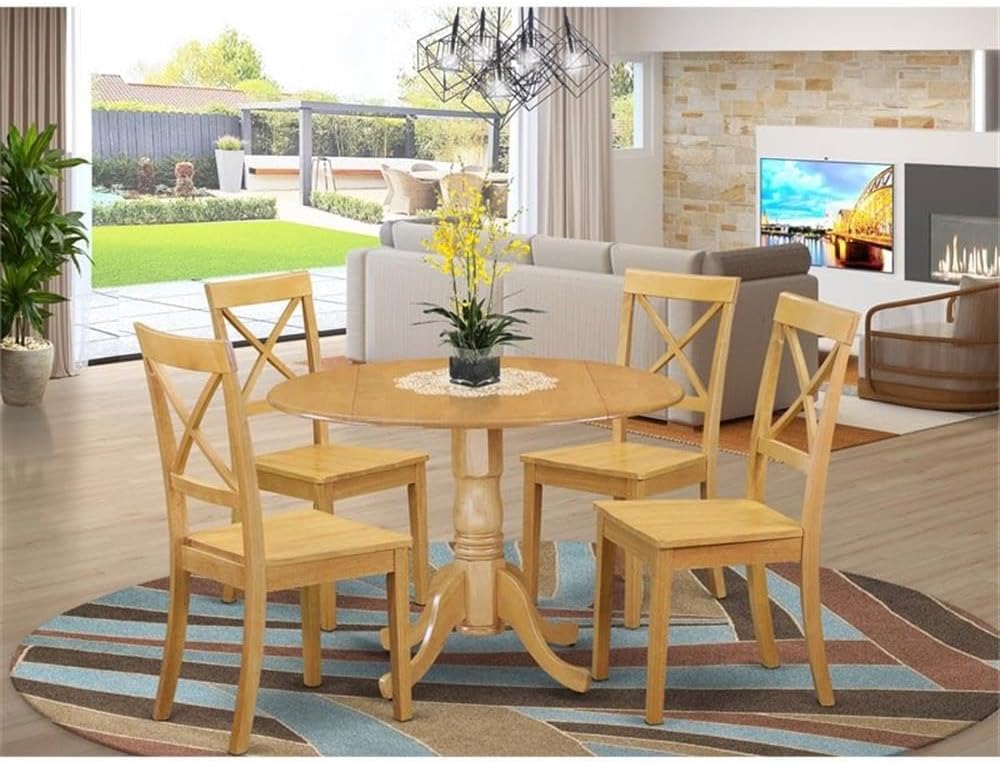 East West Furniture DLBO3-WHI-W 3 Piece Dining Room Table Set Contains a Round Kitchen Table with Dropleaf and 2 Dining Chairs, 42x42 Inch, Linen White