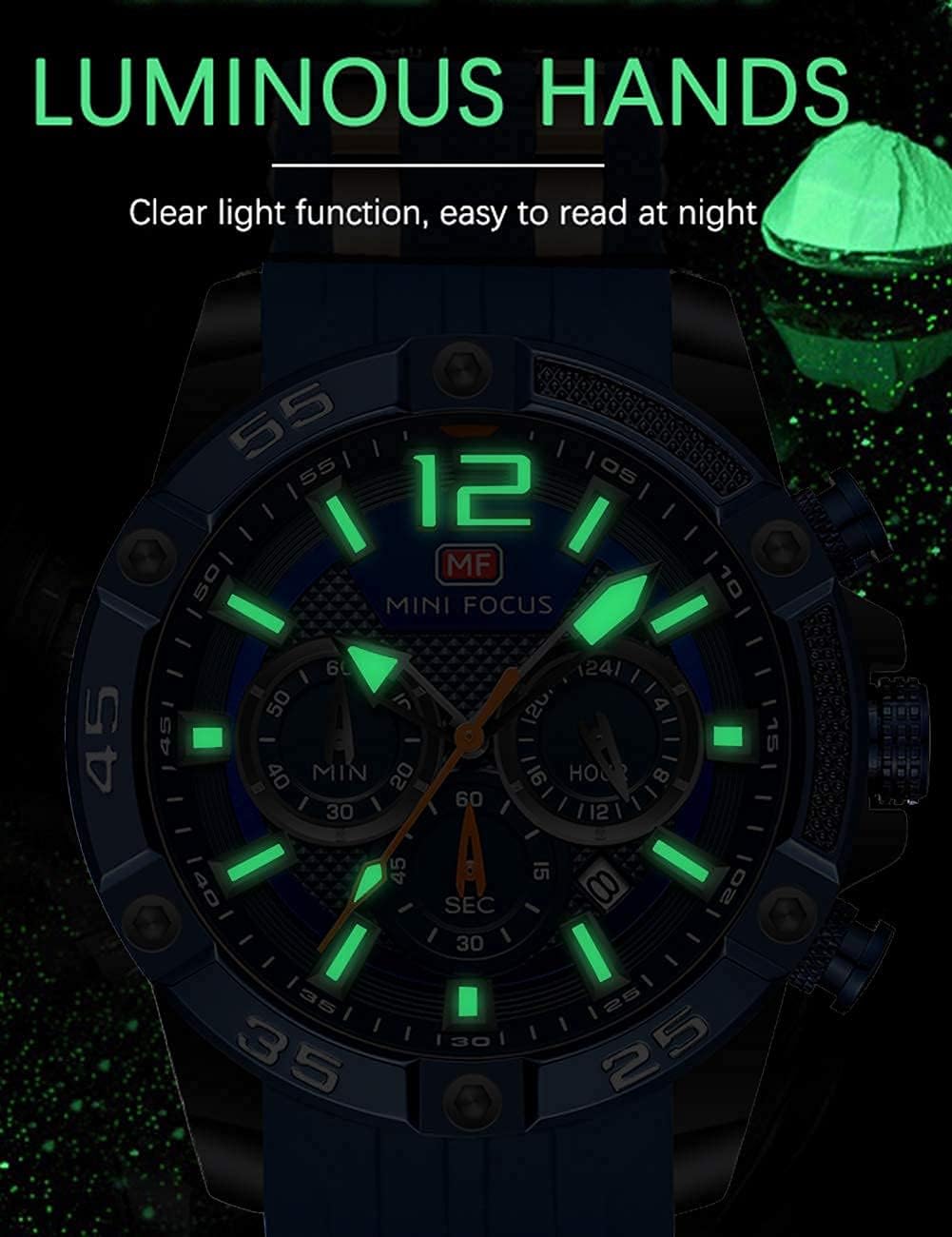 MF MINI FOCUS Men Watch, Chronograph Waterproof Sport Analog Quartz Watches Blue Silicon Strap Fashion Wristwatch for Men