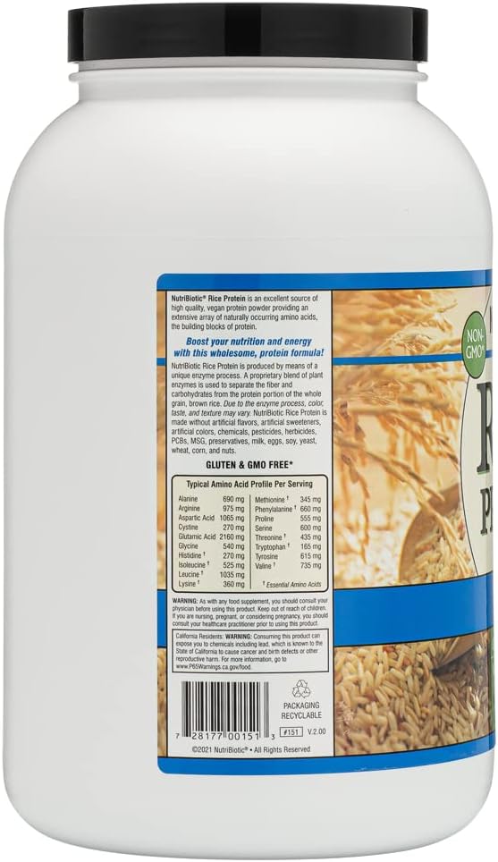 NutriBiotic Plain Rice Protein, 3 Lb (1.36kg) | Low Carb, Vegan & Raw Protein Powder | Grown and Processed Without Chemicals