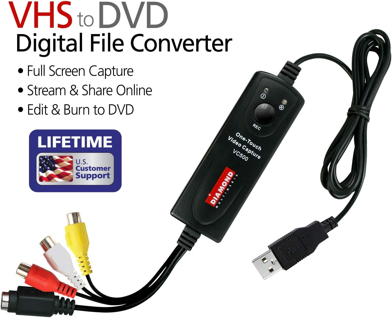 Diamond Multimedia VC500 One Touch VHS to Digital Converter – Capture & Convert VHS to Digital Files or DVD, Easy-to-Use Software, Windows 11,10 & Mac Compatible