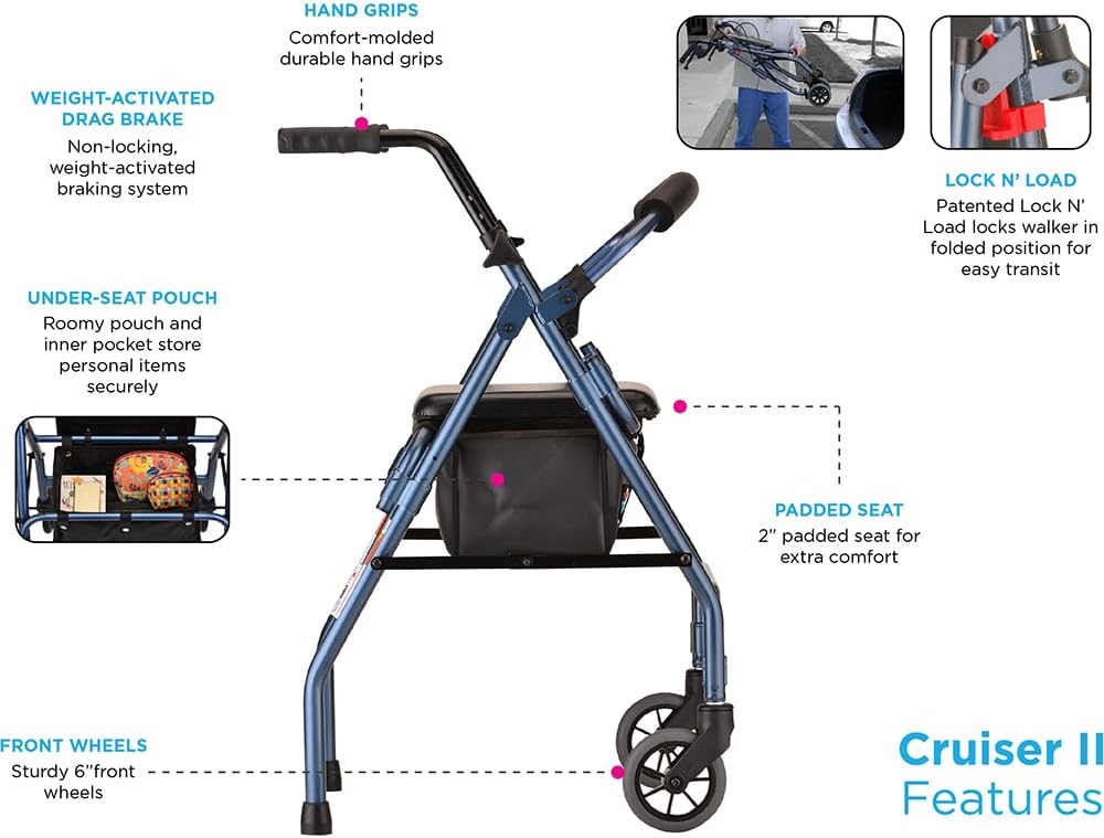 NOVA Cruiser 2 Lightweight Rollator Walker for Beginning Gait Training, 11 lb Foldable Rolling Walker with Seat, Stable Support for Early Mobility