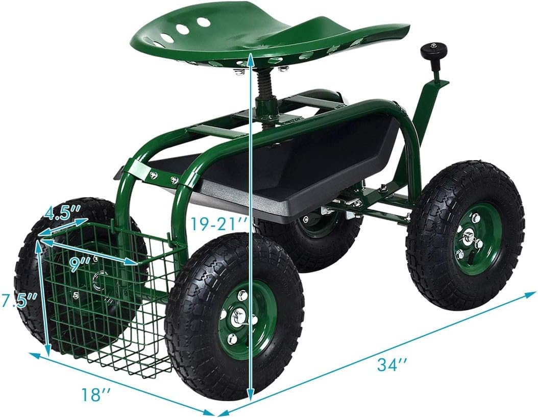 Goplus Rolling Garden Cart with Seat, Outdoor Garden Stool with Wheels, Tool Tray & Basket, Adjustable Steering Handle