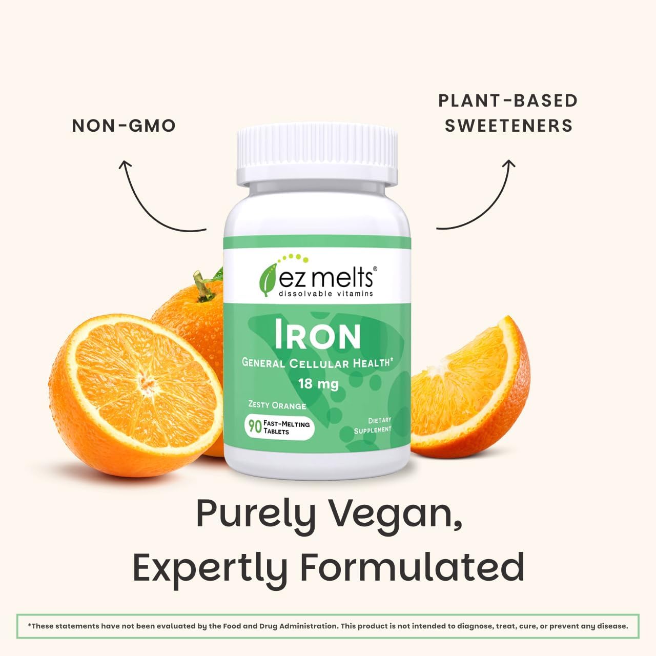 EZ Melts Iron - Supplement for Daily Energy & Iron Support - with Vitamin C - No Artificial Flavors - Non-GMO & Vegan - Zesty Orange - 90 Dissolvable Tablets (90 Servings)