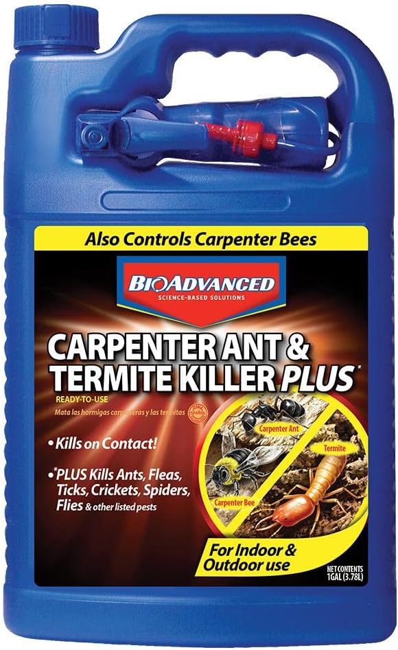 BioAdvanced Carpenter Ant & Termite Killer Plus Spray - 1 Gal Bottle | Ready-to-Use - Kills Carpenter Bees - Indoor & Outdoor Insect Control - Sprayer Included