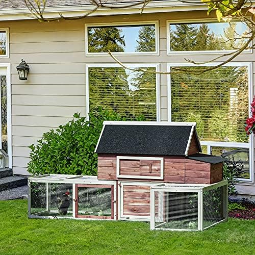 PawHut 114" Chicken Coop Wooden, Customizable Outdoor Chicken Cage Poultry Hen House with Nesting Box, Double Runs, Asphalt Roof, Ramp