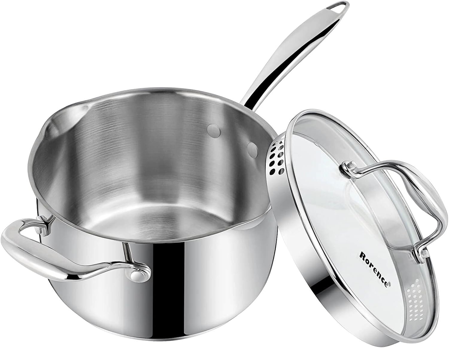 Rorence 3.7 Quart Stainless Steel Induction Sauce Pan with Lid | Stainless Steel Pot Saucepan with Pour Spout & Glass Lid with Strainer