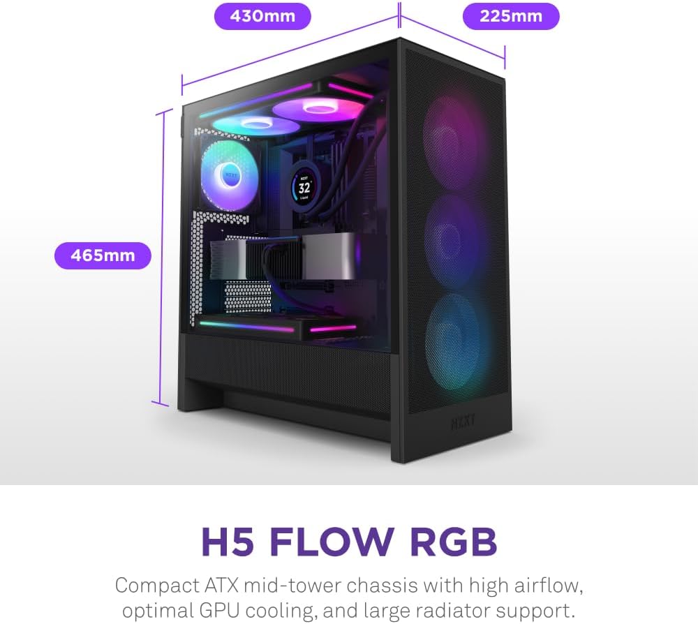 NZXT H5 Flow RGB - Compact ATX Mid-Tower PC Case - White | Compact mid-tower with included F360 RGB Core fans, 360mm radiator support, tempered glass. CAM-ready RGB out of the box.