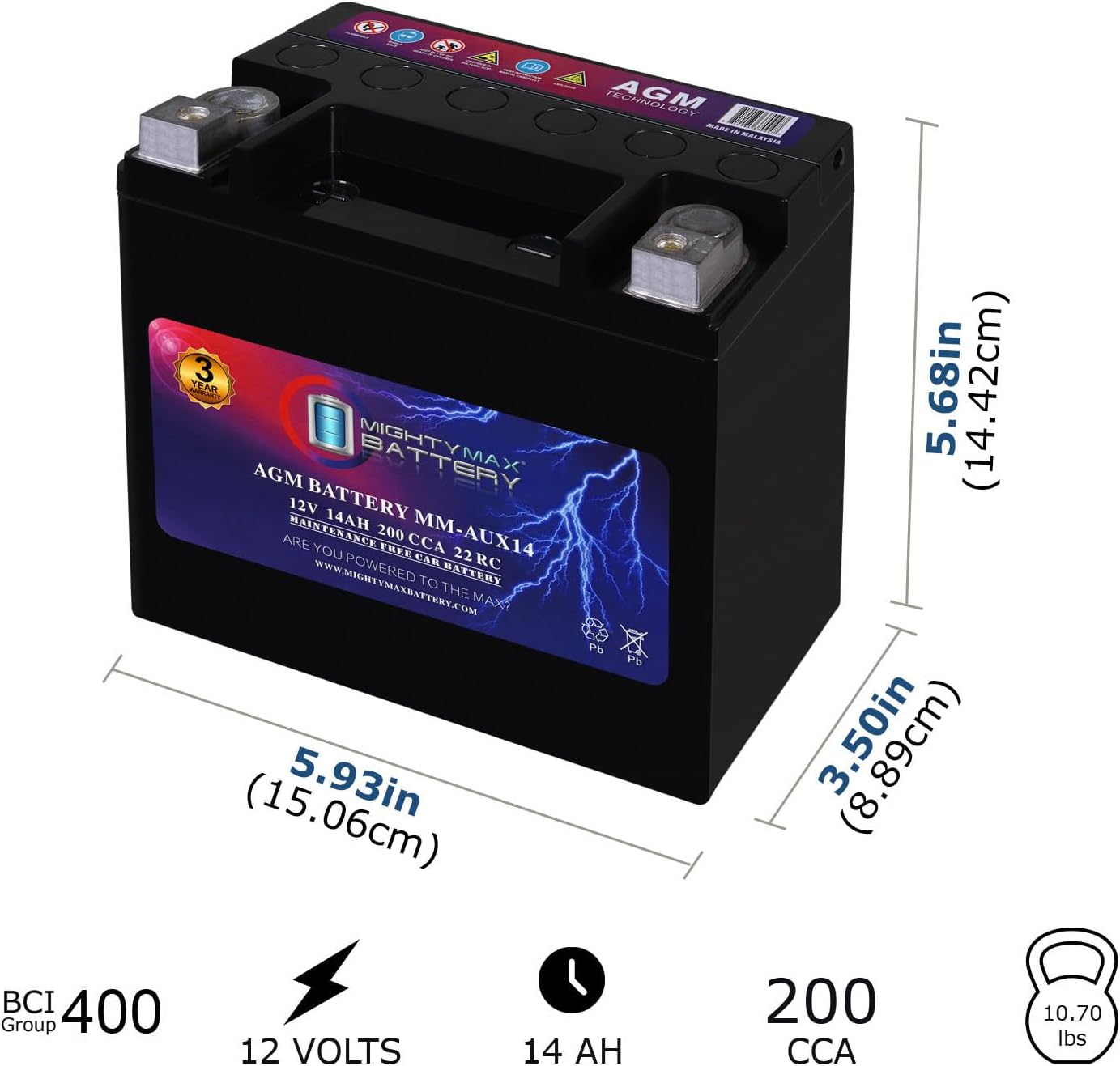 Mighty Max Battery MM-H8 Start and Stop Car BCI Group 49 12V 95Ah, 160RC, 900 CCA Rechargeable AGM Car Battery