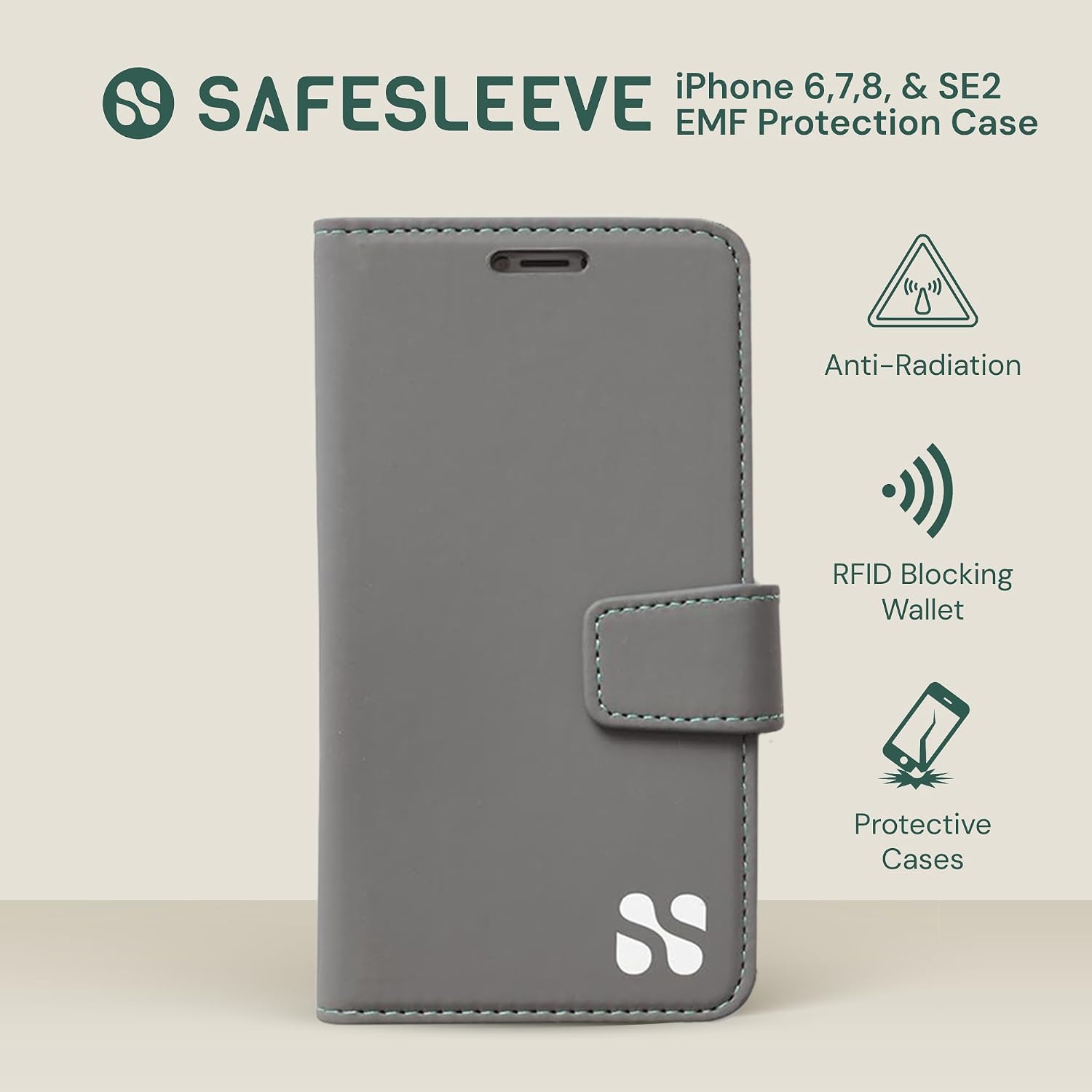 SafeSleeve EMF Blocking Wallet Case for iPhone 6/7/8, Black | EMF Blocker, Card Data Protection, Magnetic Closure, Leather Folio Protection for Daily Use