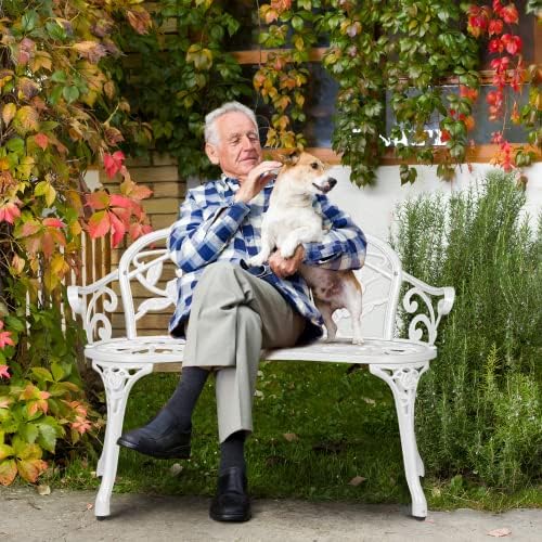 VINGLI 38.5" Patio Park Garden Outdoor Metal Rose Bench, 2-Person Cast Iron Cast Aluminium Frame Antique Finish Chair,Accented Lawn Front Porch Path Yard Decor Deck Furniture (Bronze, Rose)