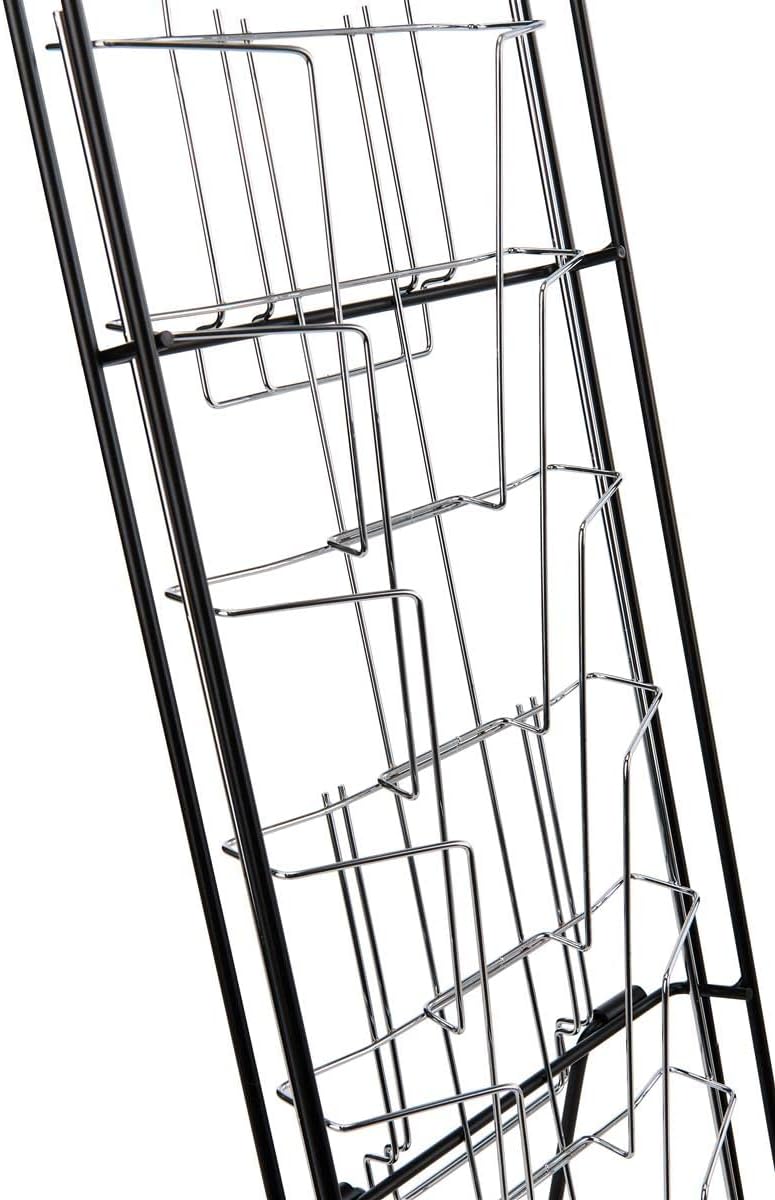 Displays2go Portable Magazine Rack, Black, 54" h Floor-standing | 10 Pockets for 8.5x11 Catalogs, Carry Bag Included, Tiered Design, Steel, NCYBRCHBLK