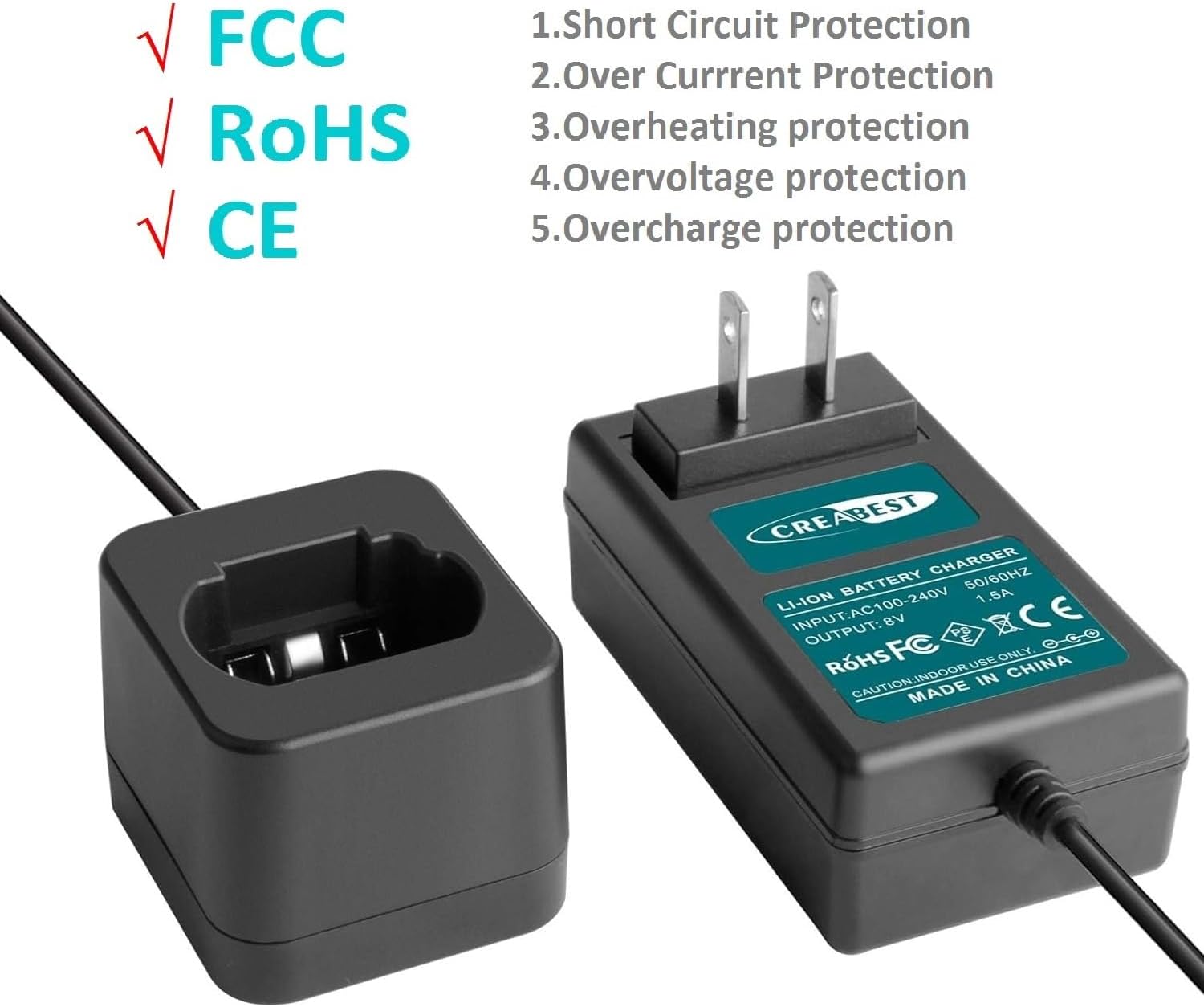 Creabest 8V Li-ion Battery Charger Compatible with Dewalt DCB080 DW4390 | DCF680N1 DCF680N2 DCF680G2 (Not for Ni-Mh/Ni-Cd Batteries)
