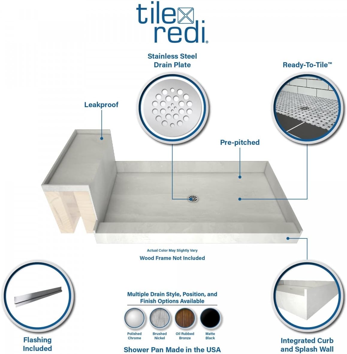 Tile Redi P3648C-RB36-KIT Shower Pan and Bench with Center Drain- Single Curb Shower Base, Bench, 2" PVC Drain, and Plate Included, 60" Width x 36" Depth