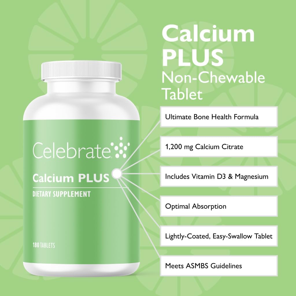Celebrate Vitamins Calcium Plus – 600mg Calcium Citrate, 600 IU Vitamin D3 & 50mg Magnesium for Post Bariatric Surgery - Gluten-Free & Sugar-Free - 180 Non-Chewable Tablets