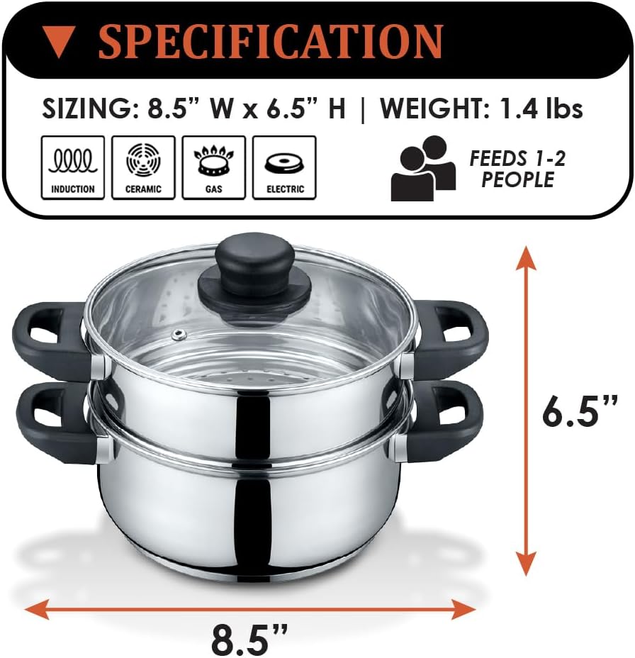 CONCORD 3 Quart Stainless Steel 3 Piece Steamer Cookware Set. Features 2 Quart Veggie Steamer and 3 Quart Cooking Pot with tempered glass lid.