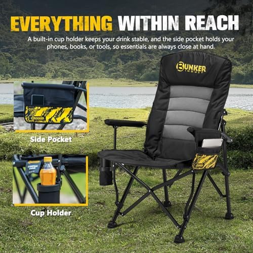 BUNKER INDUST Folding Camping Chair, Oversized with Padded Cushion, Outdoor Chair with Cup Holder Storage Pockets