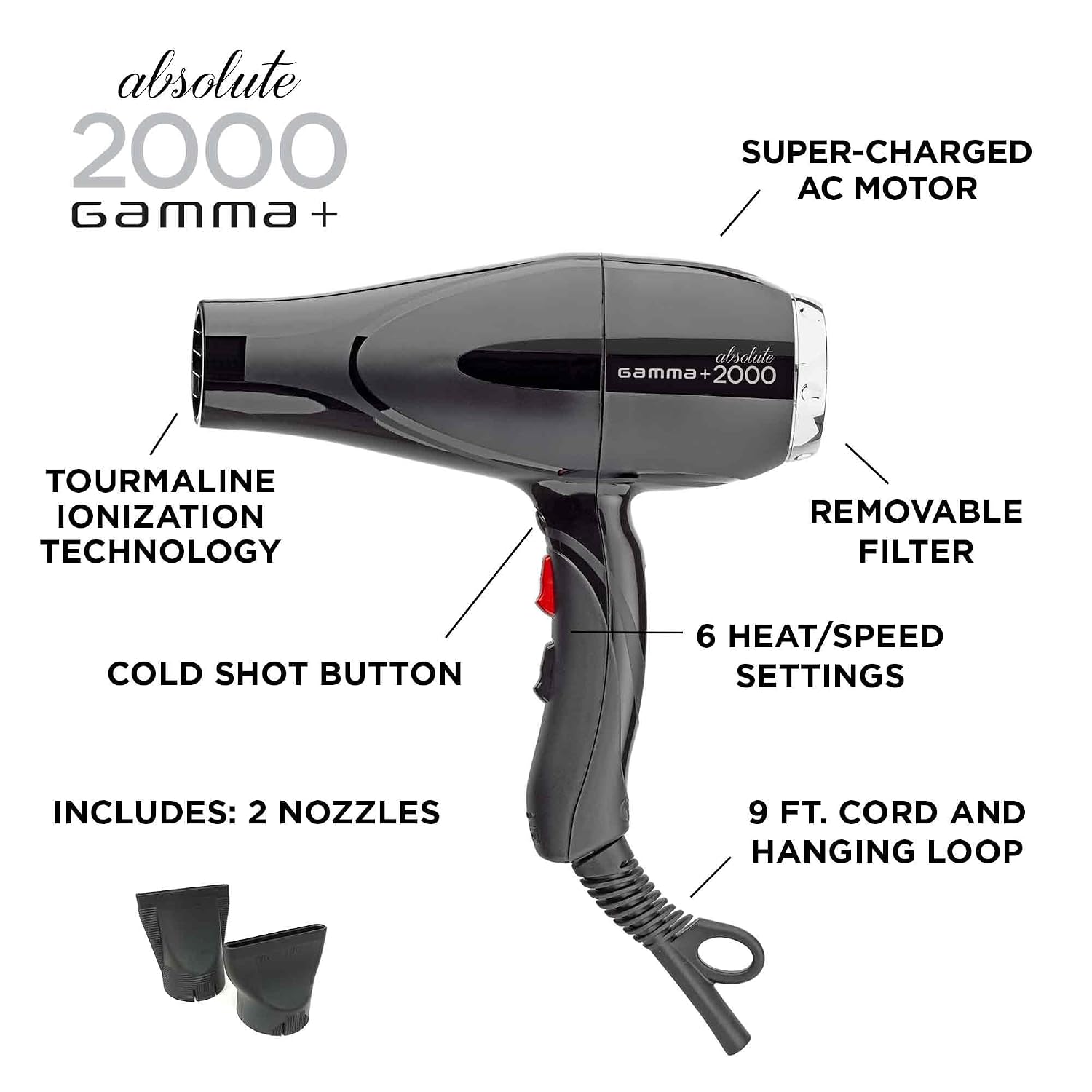 Gamma+ Absolute Power and Absolute 2000 Professional Tourmaline Ionic Unisex Hair Dryer with 2 Concentrator Nozzles