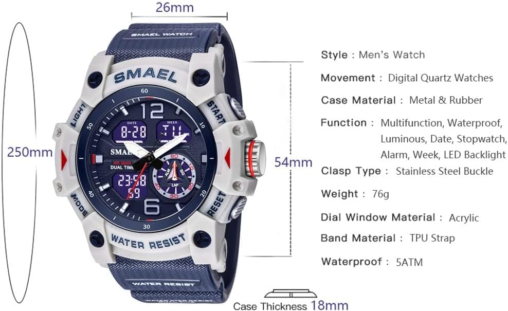 Gosasa Men's Large Face Outdoor Sports Watches Military S-Shock Watch Waterproof, Backlight, Alarm, Stopwatch Features - Rugged Wristwatch for Training, Hiking, and Adventure