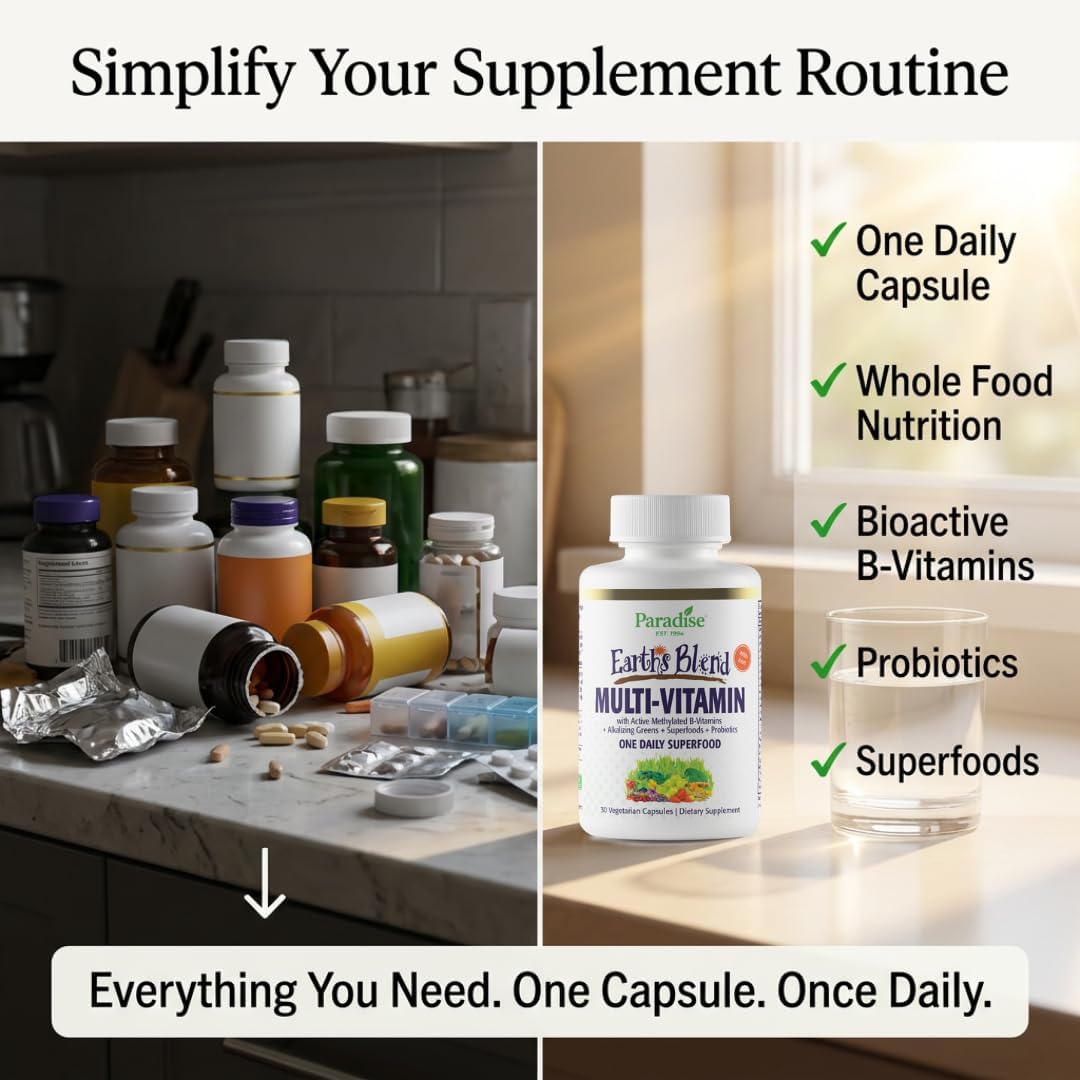 Paradise Herbs & Essentials Once Daily Multivitamin Iron 60 Capsules | Organic superfoods, probiotics, and vitamins A, B12, C, D, K2 in a dietary supplement for immune and bone support.