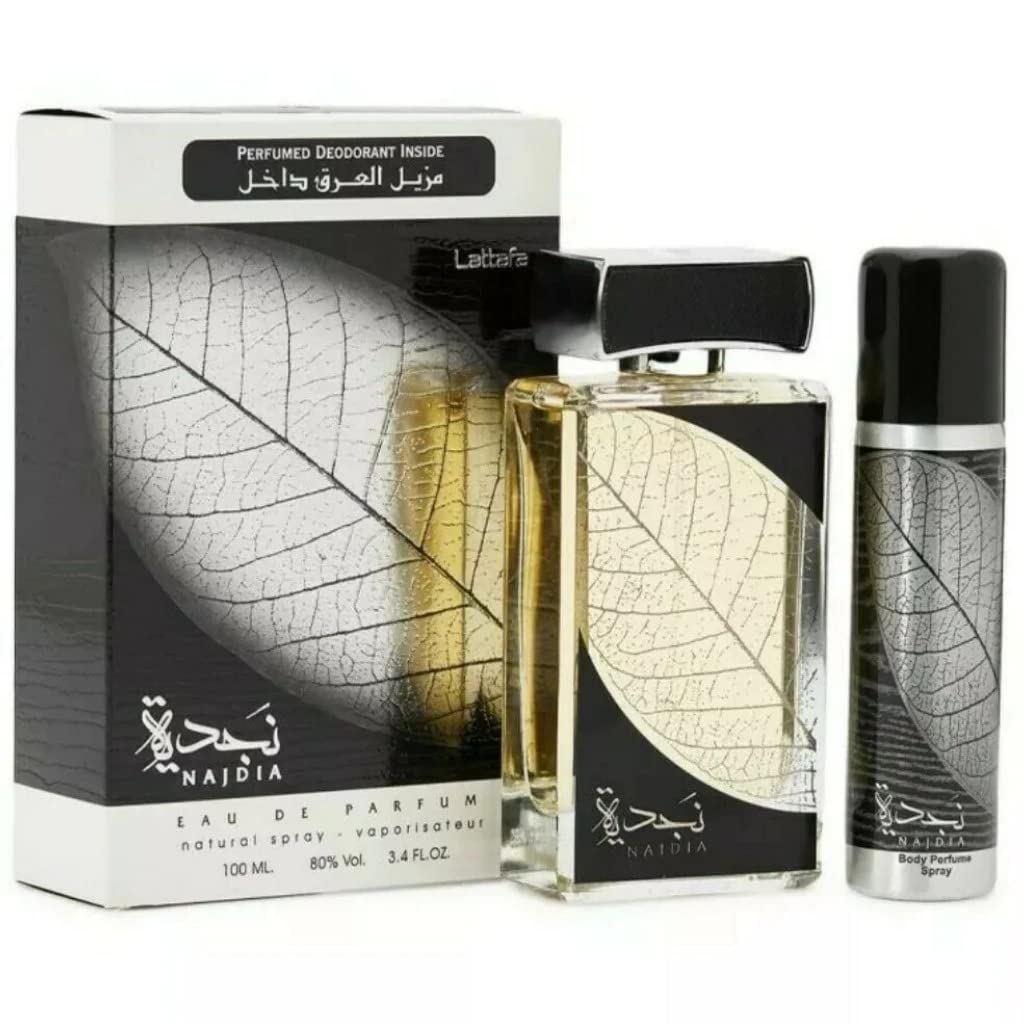 Lattafa Najdia 2 Piece Set for Men (3.4 Ounce Eau de Parfum Spray + 1.7 Ounce Deodorant Spray)