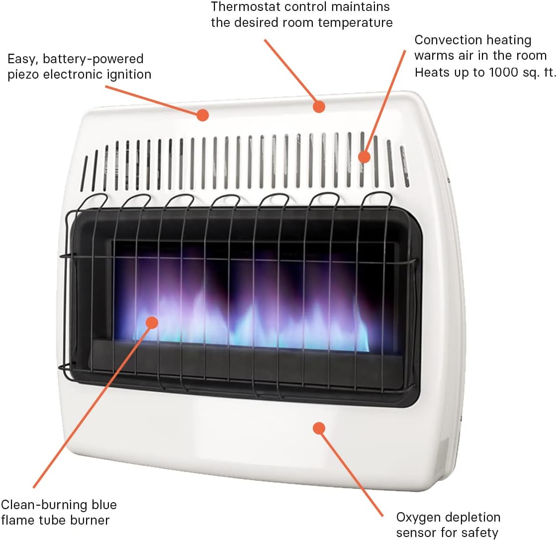 UTY 30,000 BTU Natural Gas / Propane Wall Heater for Indoor Use - Dual Fuel, with Fan Blower, white, 28 x 11 x 24