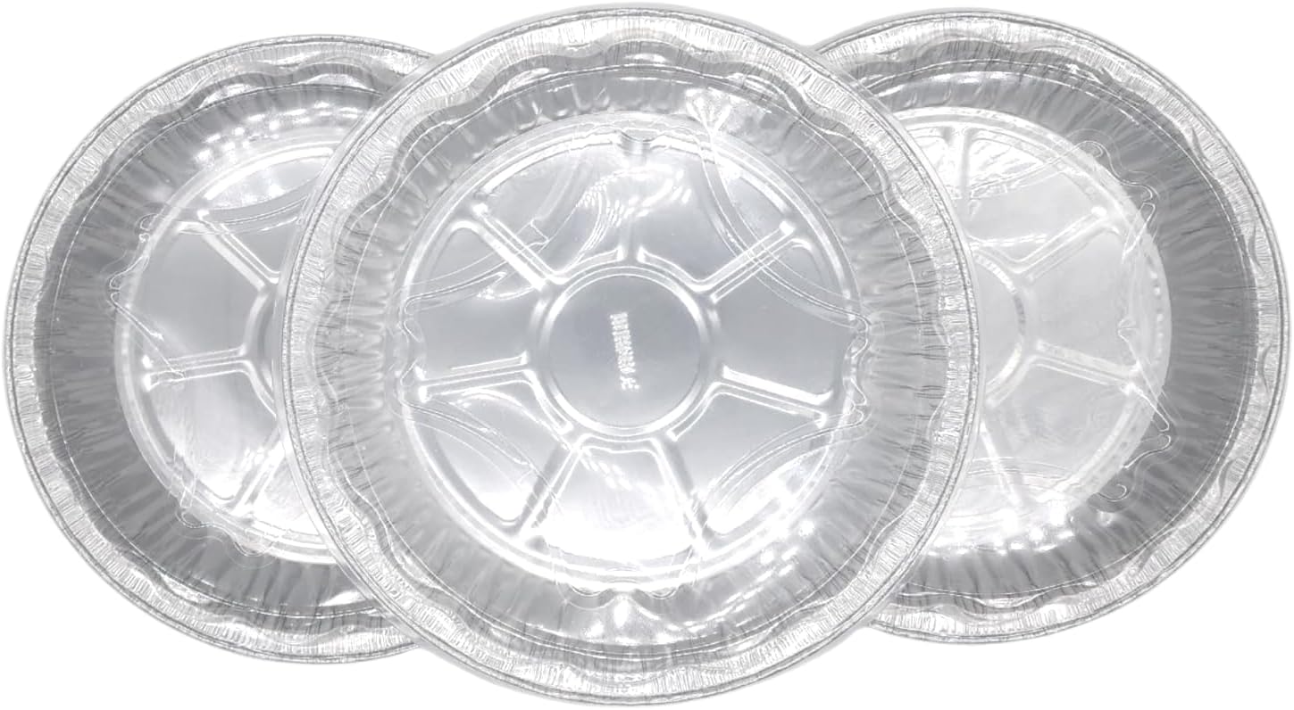 Durable Packaging 9" Aluminum Foil Pie Pan Plate Tin 1-5/16" Deep w/Clear Plastic Dome Lid Cover (Pack of 12)