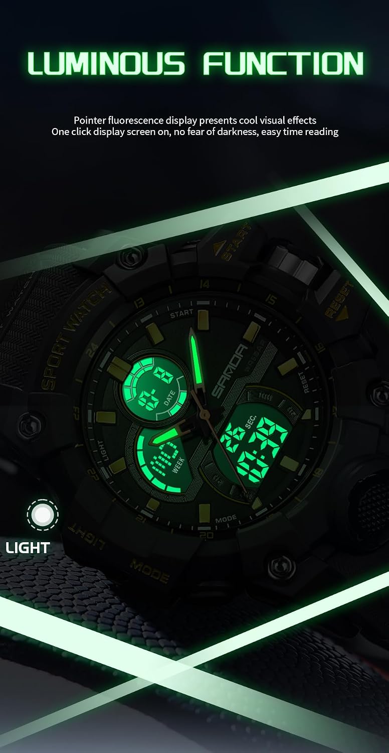 FANMIS Men Sports Outdoor Watch Analog Digital Multifunctional Black Watch | Black Sports Watch Casual Quartz Wristwatch Waterproof Military Wrist Watch Tactics LED Alarm Stopwatch Digital Watch for Men